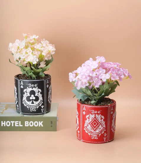 Cement Embossment Leaf Pot with Faux Flower Artifical Flower Imitation Flower Potted Flower Table Decoration